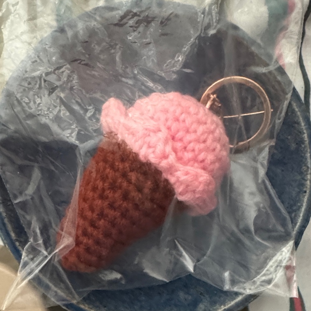 Crochet Ice Cream Cone Keychain - Pink Scoop, Brown Cone